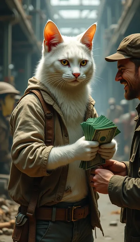 in a building factory,A tall white tomcat in shabby dirty clothes is receiving green money in his paws by a foreman, smiling expression.realistic