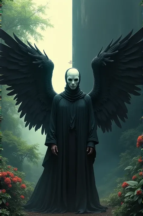  A MAN WITH A WHITE MASK AND BLACK WINGS ,  IN THE BACKGROUND {x} IS IN A PARADISE AND THE OTHER RIGHT IS IN A HELL,IN CENIDE THIS IMAGE THERE IS A TEXT  "mello"