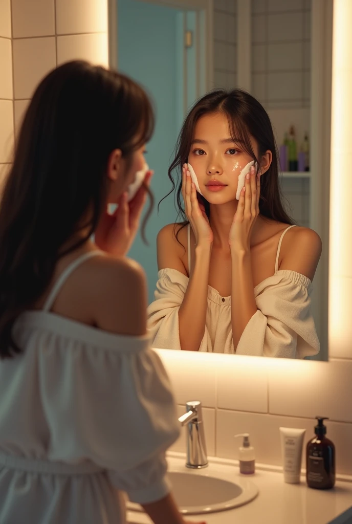 A picture of a teenage girl in the bathroom washing her face from a makeup