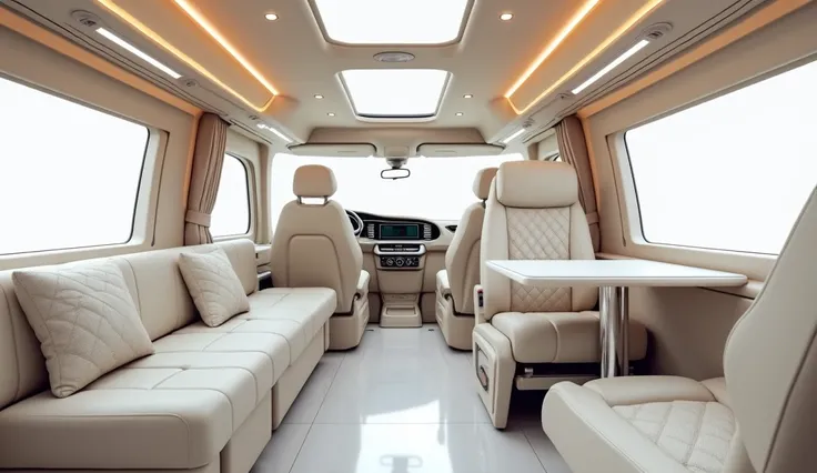 "Design a luxurious motorhome interior (front view) with a modern and sophisticated layout. The interior should be predominantly white with soft beige or cream accents to create a clean and spacious ambiance. The dashboard should feature a futuristic desig...