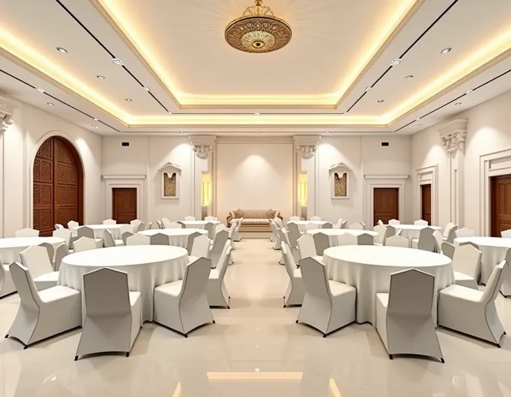 "Design a luxurious banquet hall interior with dimensions of 22 meters in length and 17 meters in width. The hall should feature a traditional Indian bungalow style blended with a modern aesthetic, primarily using beige and white tones to create a serene, ...