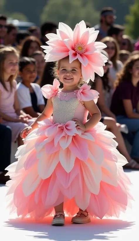 The image shows a young , likely a toddler, participating in what appears to be a rens fashion event or pageant. The  is wearing an elaborate, floral-themed dress with a large, ornate flower headpiece. The dress is made up of numerous pink and white petals...