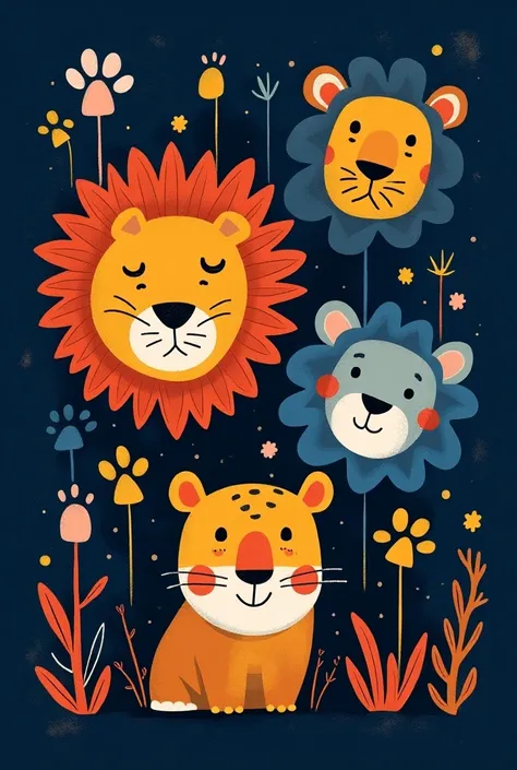 cartoon small abstract lion faces and lion paw prints on a navy background