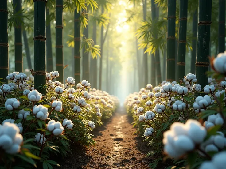 "Imagine a tranquil, untouched natural world bathed in the soft, golden light of early morning. The scene is dominated by abundant cotton plants, their large, fluffy bolls standing out in sharp contrast against the soft greenery. The cotton is so realistic...