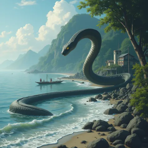 Isobe snake 、 snake on the shore 、 large and thin 、The eyes are large、 meandering approaching 、 The background is a place attacking humans on Isobe、