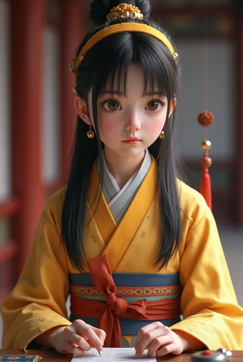 A young woman with black hair from the Three Kingdoms period wearing a Handian civil servants uniform wearing a yellow headband is dealing with the affairs