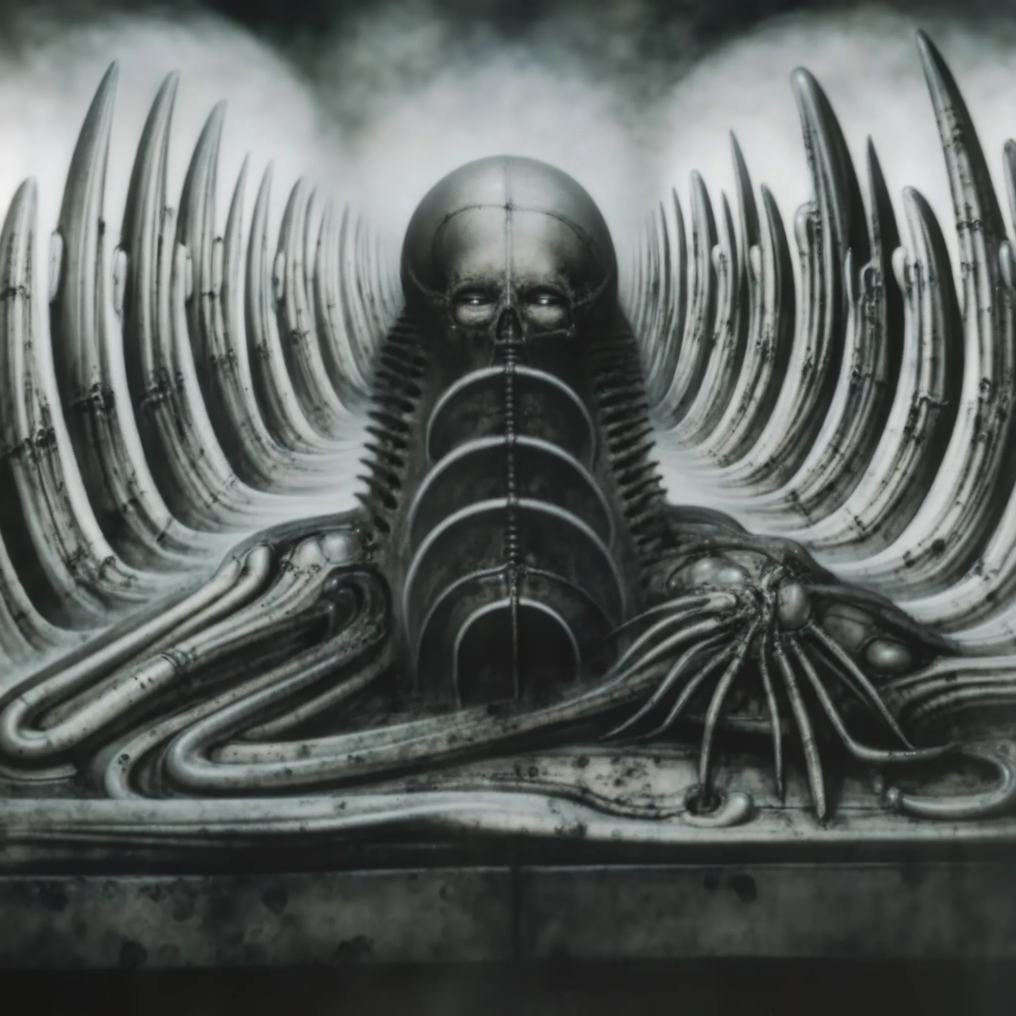 h. r. giger's g1g3r, , giger_style,  create biomechanical landscape by hans rudie giger composed of fossilized and mummified ali...