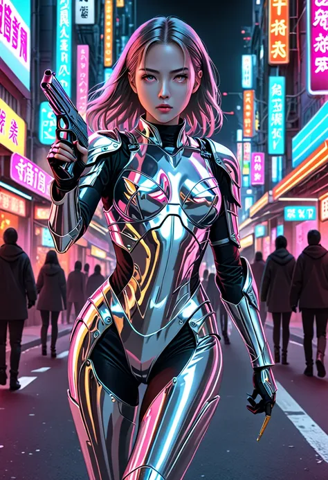 The neon street at night is full of suspenseful atmosphere. Close-up of a futuristic woman wearing silver armor and sleek boots standing in the middle of the street. She holds a glowing pistol and aims it directly at the camera, with a focused and nervous ...