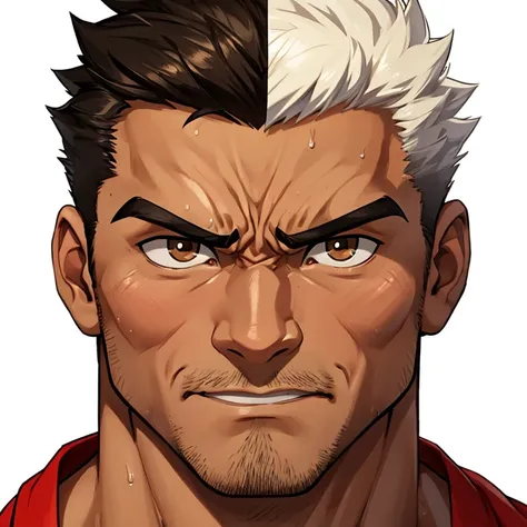  face up 、 bust up、 face close-up、karate、martial arts  、32-year-old male 、Muscular、 short hair、Angry brow、good mood 、 tanned skin  、 sweated、 hot 、White background