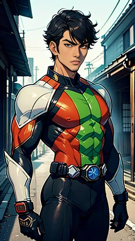 Backstreets,    Japanese , Beautiful Young Handsome Man with a Cool Handsome Face  ,  Glowing Kamen Rider Suit  , 18 years old,   Toned and Muscular  , Tall,  long bangs 