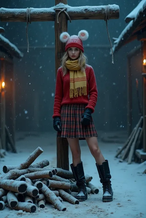  Generate a full body image of a woman inspired by the skin Winter Sky from Fortnite ,  based on the provided image .  The woman wears her characteristic outfit :  a red hat with white ears ,  a yellow scarf with stripes ,  a red sweater ,  a plaid skirt ,...