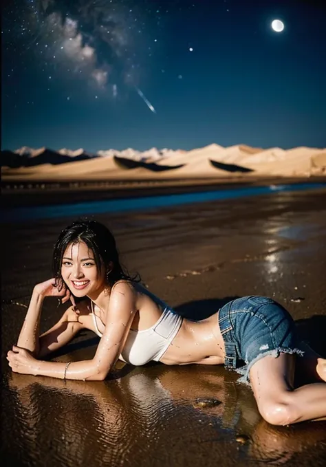 (((口を大きく開けて sticking out your tongue))), (((Aerial photography))), (((The desert in the background is reminiscent of Mad Max.))) , (((night))), (((Starry sky and moon))),A boldly composed photograph of a Japanese woman that looks like it was taken by a fam...