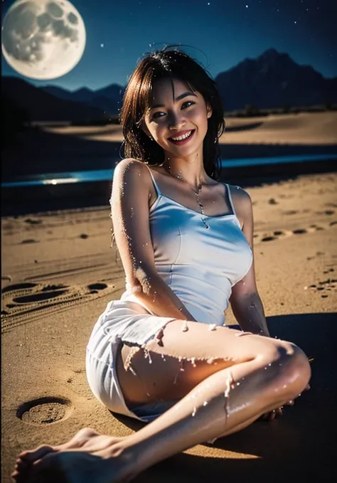 (((口を大きく開けて sticking out your tongue))), (((Aerial photography))), (((The desert in the background is reminiscent of Mad Max.))) , (((night))), (((Starry sky and moon))),A boldly composed photograph of a Japanese woman that looks like it was taken by a fam...