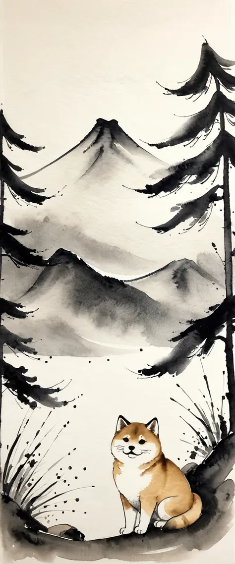 日本のInk Painting, Ink Painting, Ink Painting, 日本のInk Painting, Shiba Inus bigger than mountains , Narrow eyes, Bushy,  A cat taller than a mountain  