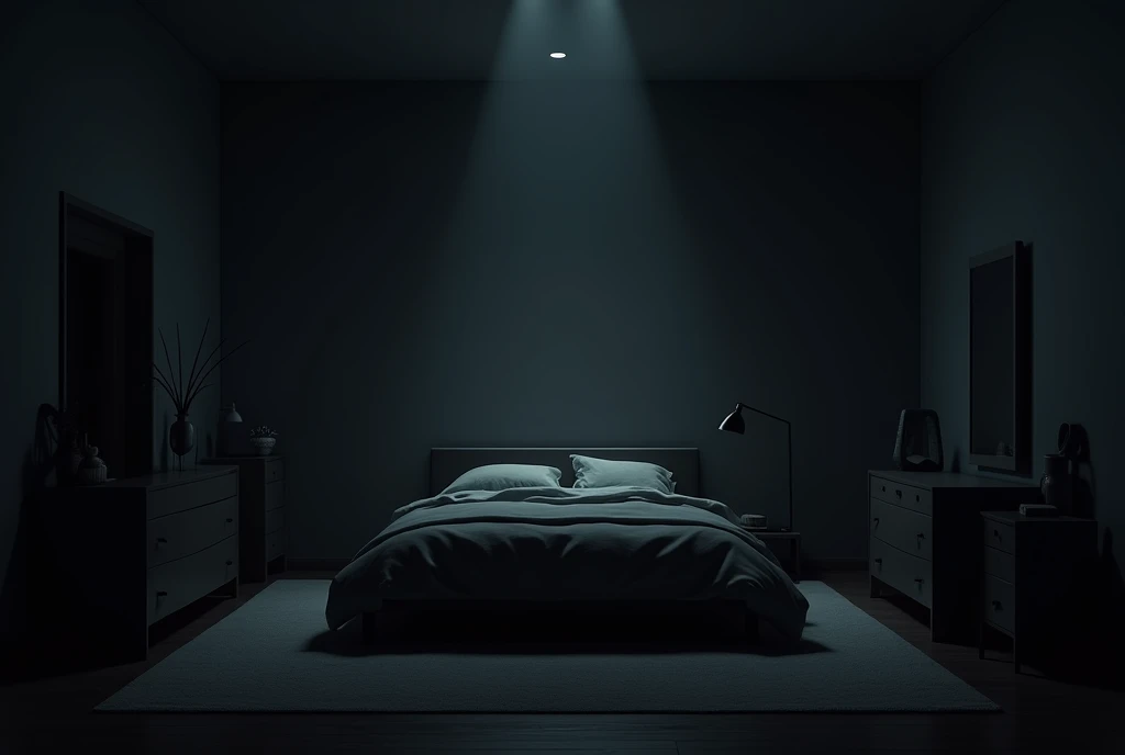 A dark, spooky bedroom, dark style , very modern, Landscape format