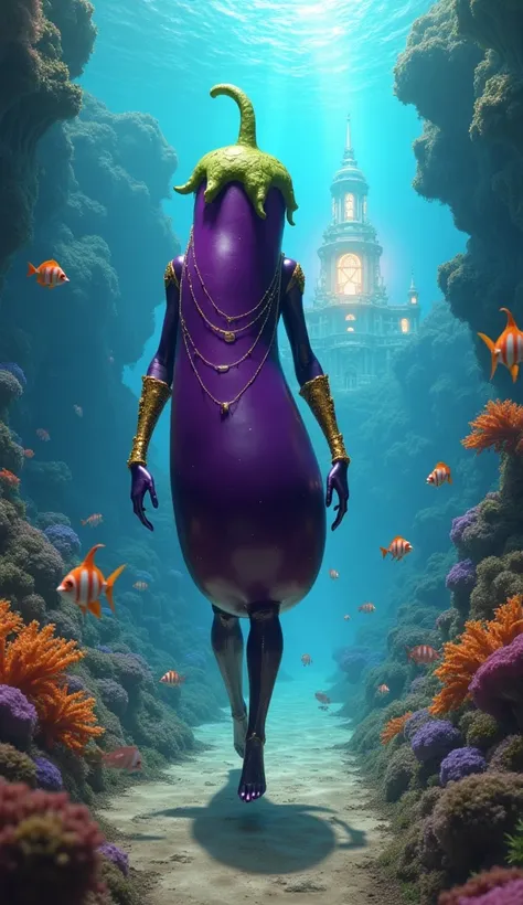 A humanoid eggplant with sleek purple skin and golden accessories is walking straight forward underwater, passing coral reefs and schools of fish. The path leads to a glowing, ethereal underwater palace surrounded by vegetable-shaped sea creatures.
