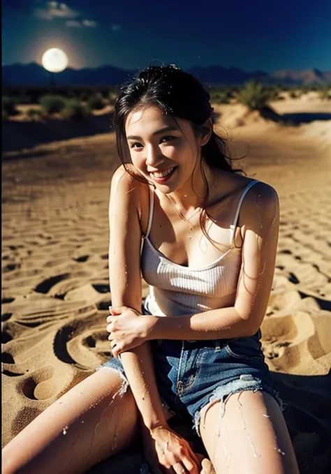 (((口を大きく開けて sticking out your tongue))), (((Aerial photography))), (((The desert in the background is reminiscent of Mad Max.))) , (((night))), (((Starry sky and moon))),A boldly composed photograph of a Japanese woman that looks like it was taken by a fam...