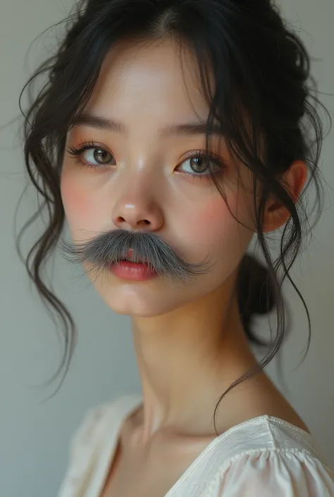 Create me a super realistic-looking portrait of a young woman with a tousled light gray mustache 