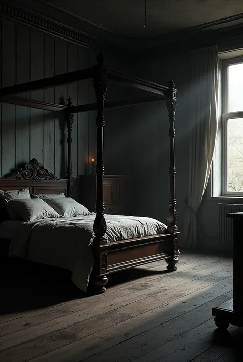 A dark, scary, modern bedroom in English style