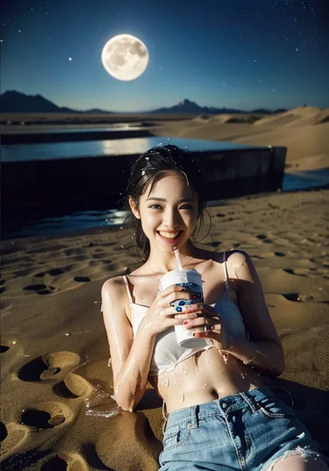 (((口を大きく開けて sticking out your tongue))), (((Aerial photography))), (((The desert in the background is reminiscent of Mad Max.))) , (((night))), (((Starry sky and moon))),A boldly composed photograph of a Japanese woman that looks like it was taken by a fam...