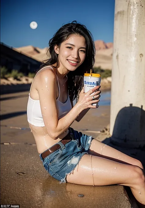 (((口を大きく開けて sticking out your tongue))), (((Aerial photography))), (((The desert in the background is reminiscent of Mad Max.))) , (((night))), (((Starry sky and moon))),A boldly composed photograph of a Japanese woman that looks like it was taken by a fam...