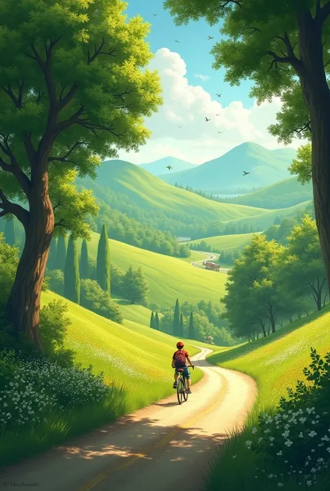 You are going through a road .  Looks like trees and rolling hills surround you along the way