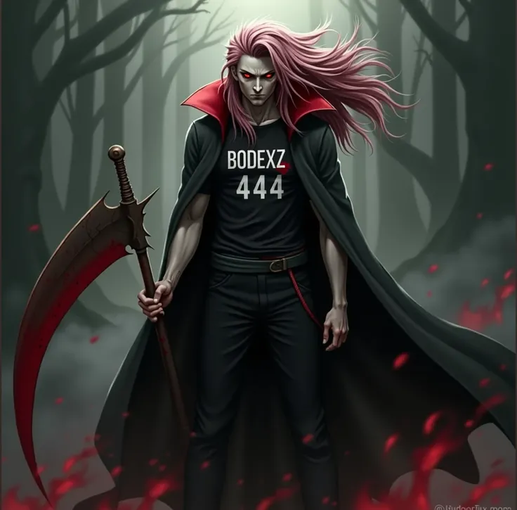 Madara uchiha with white face bloody Reddish-White hair with sharingan eye with 𝓑𝓞𝓓𝓔𝓧𝓩 444 written on black t-shirt with vampire coat  and redish white collar and black cargo pant holding bloody Reddish-White sytch 