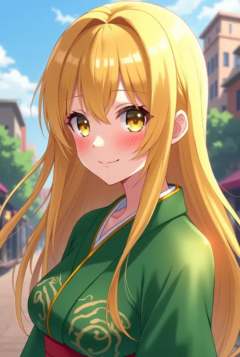 Close-up of a person with long hair and green kimono, Thousand Reins, Thousand Reins from anime naruto, as an Anime Characters, perfect anime face, she has Yellow hair with bangs, female Anime Characters, Anime Characters, Best Girl in Anime, Ji cut hairst...