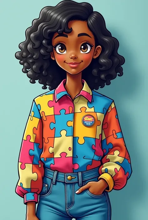  , boy,  wears a blouse in puzzle pieces,  with vibrant colorful puzzle patterns . Her pants and jeans , ,  representing diversity and uniqueness .  The clothing design is functional and casual ,  that stand out resemble the fittings of pieces .
 Her eyes ...