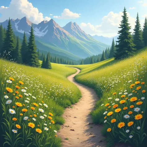 A winding trail through a meadow, with wildflowers and mountains in the background, symbolizing lifes beauty in personal discovery.