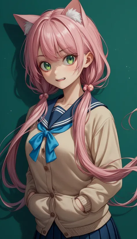  girl、 pink hair、low twintails、( long twin tails)、Pink cat ears、Green Eyes、 navy blue sailor suit 、(pink school ribbon )、 Long Sleeve 、beige cardigan with long hem、 dark blue pleated skirt 、tooth、 girlの部屋、colorful barrettes 