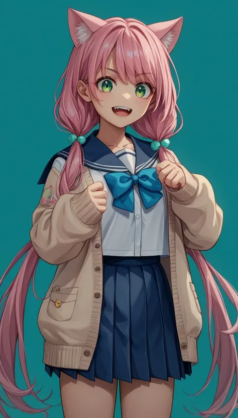  girl、 pink hair、low twintails、( long twin tails)、Pink cat ears、Green Eyes、 navy blue sailor suit 、(pink school ribbon )、 Long Sleeve 、beige cardigan with long hem、 dark blue pleated skirt 、tooth、 girlの部屋、colorful barrettes 、Open the front of the cardigan