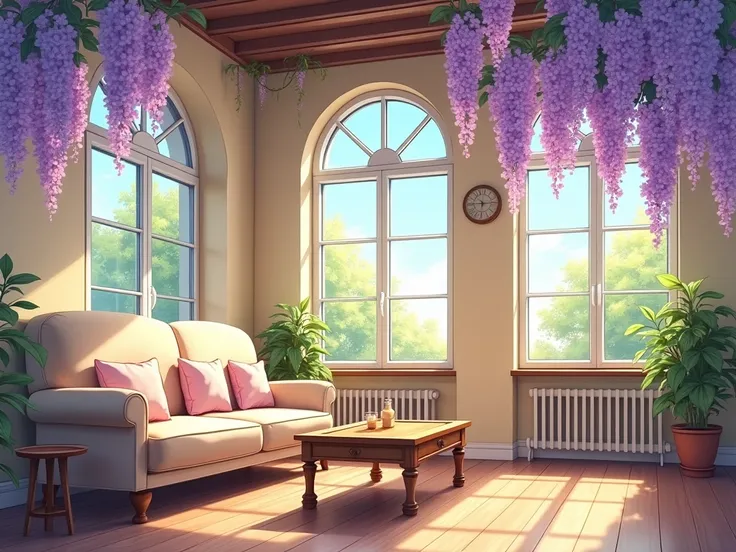 Anime style drawing，The interior of the European-style building ，There is a wooden coffee table and a sofa ，There are windows in the back，The sun is shining in ， can see the scenery outside the window ， There are a few wisteria flowers on the sofa and ceil...