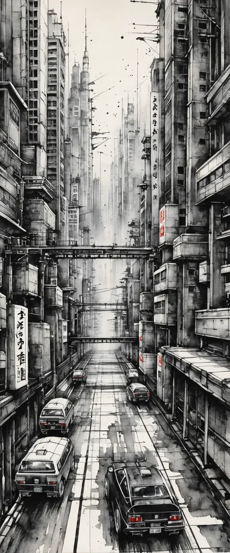 日本のInk Painting, Ink Painting, Ink Painting, 日本のInk Painting,  skyscrapers , Metropolis, paved road,Machine City, Cyberpunk 