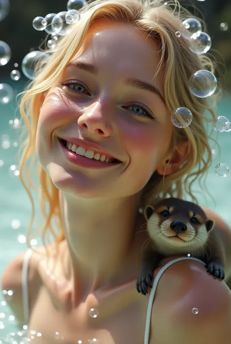 Image of a pretty girl covered in soap bubbles, with wet blonde hair and pretty wet smiling face, with a little otter resting on her shoulder