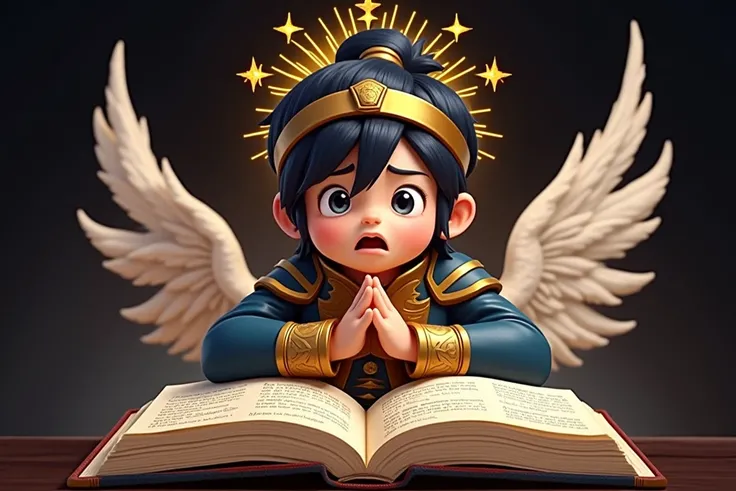 Realistic, "cute and wise guardian character from the animated book, combining the appearance of a martial arts protector and a spiritual mentor. The character has a childlike face, a pair of large gentle eyes, a very frightened and shocked expression on h...