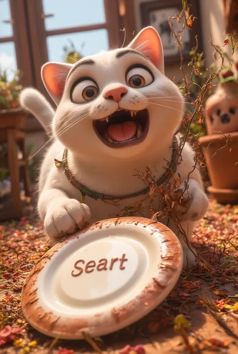 meme, white cat looks back in surprise after a plate with "SeaArt" written on it falls and hits it, patterns like Maro eyebrows, patterns like moustache, cute, super deformed, movie and anime style, funny fantasy art, various effects, 2.5D, digital graphic...