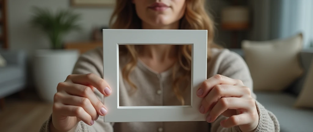 a  is carrying a photo frame, right in front of her is a woman with a living room in the background