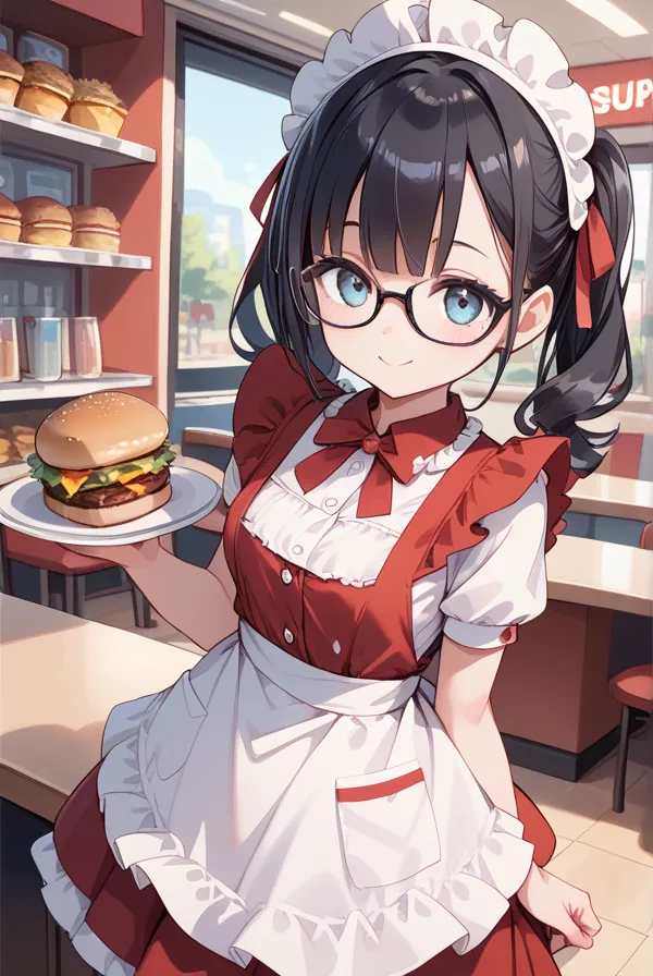 Black hair, glasses, frilly dress, apron, burger shop