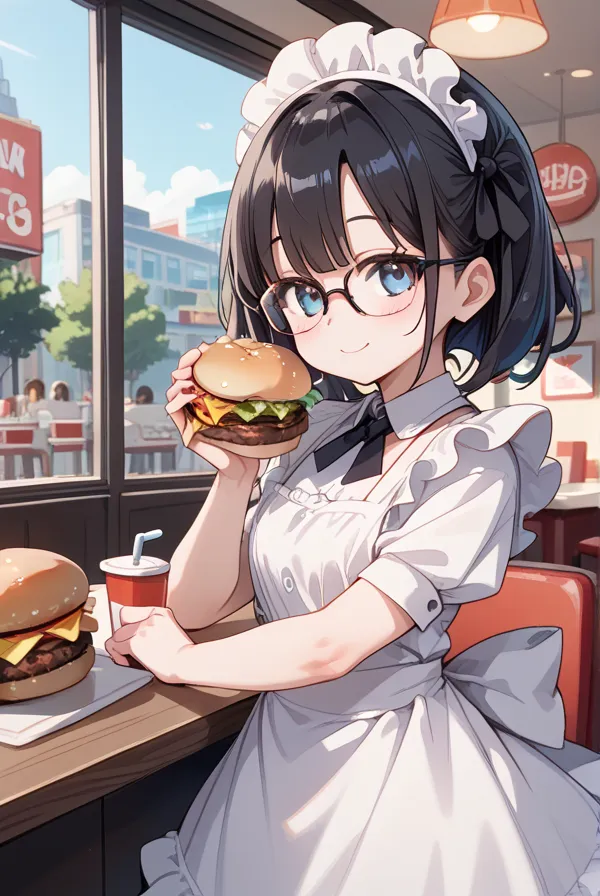 Black hair, glasses, frilly dress, apron, burger shop