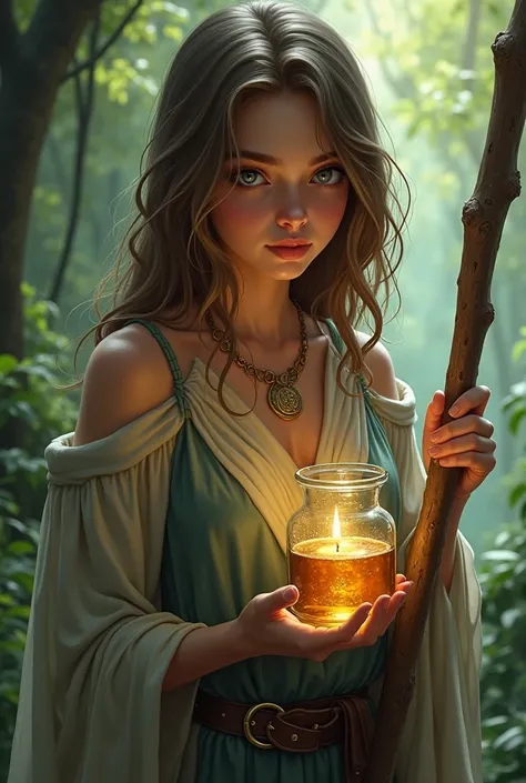 young witch of health, cinnamon-skinned with limp hair, with grey eyes and holding a wooden staff and glass