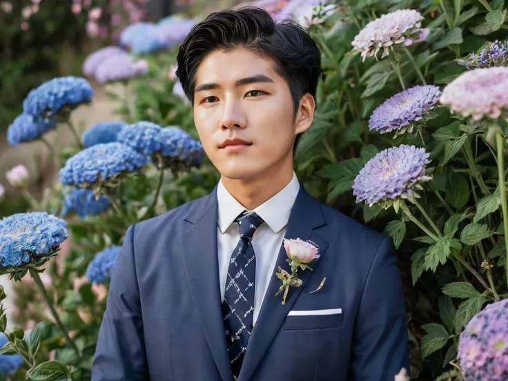 Korean boy in his 20s dressed in a suit with a tie, posing on flowers ,  looking at the stars 