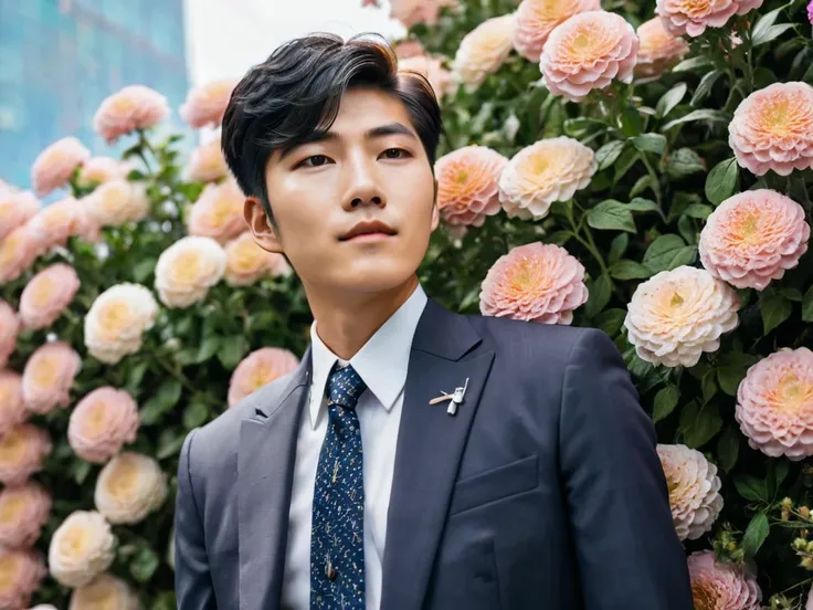 Korean boy in his 20s dressed in a suit with a tie, posing on flowers ,  looking at the stars 