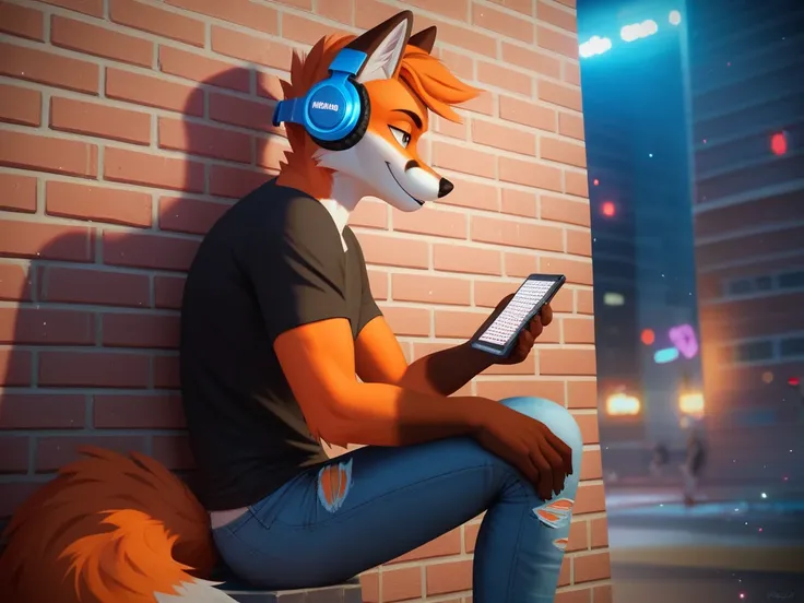 male, fox , furry,, orange and red fur,dynamic lighting, illustration, beautiful, particles (high quality,4k,8k,highres,masterpiece:1.2), ultra-detailed, impressionistic:colorful, Простой фон. Black t-shirt, ripped jeans, listens to music with headphones. ...