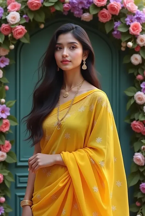 A beautiful girl in designing yellow saree and fringe haircut long hair in front of flowers gate realistic 