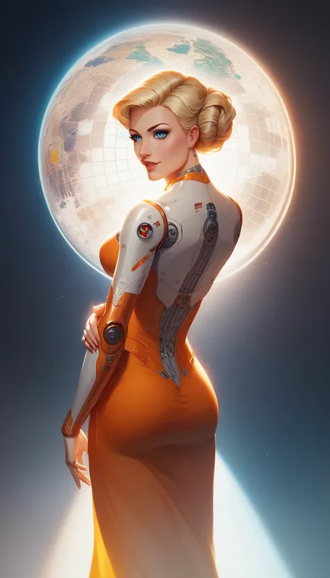 Female, 2, Beautiful astronaut, 1950 , Deep blue eyes, Orange clothes、Metallic white details, cinematic, photograph shooting, half Backlight, Backlight, Dramatic lighting , Incandescent lamp, Soft lighting, Highly detailed and exquisite, Hypermaximalist, G...