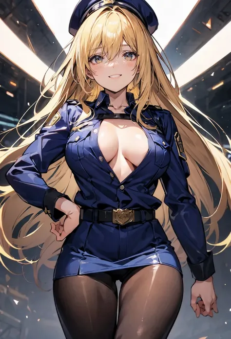 1girl, beautiful detailed eyes, beautiful detailed lips, extremely detailed eyes and face, long eyelashes, blonde police officer, tight mini skirt, plump chest, big round beautiful boobs, inappropriate smile, around town, police uniform with glossy texture...