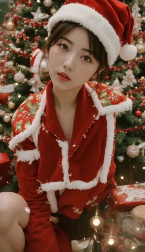 Santa costume、 girls room、 Christmas Trees That Arent Too Real、Big Breasts、Bust G cup、 Black Hair 、 Clear White Skin 、 sit on a chair、
