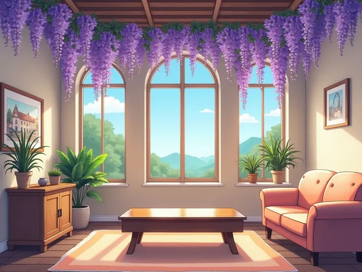 Anime style drawing，The interior of the European-style building ，There is a wooden coffee table and a sofa ，There are windows in the back，The sun is shining in ， You can see the scenery outside the window， There are a few wisteria flowers on the sofa and c...