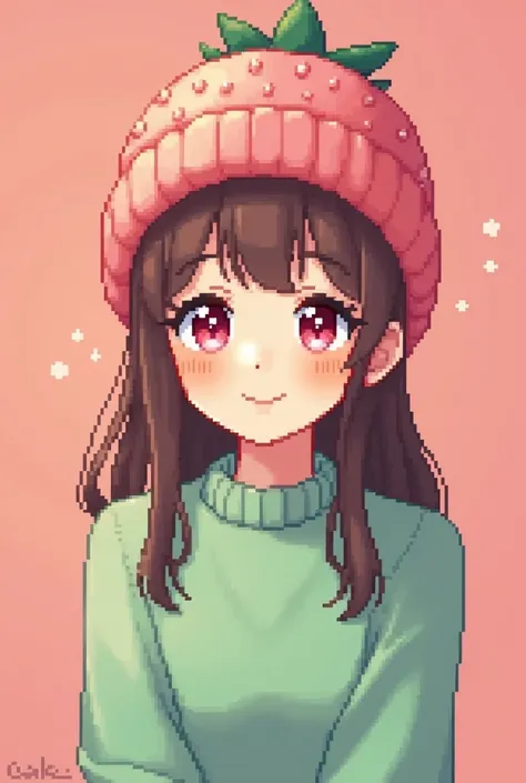 cute girl wearing pastel green sweater, brown hair wearing strawberry head beani, white skin and pink eyes, pink background, happy and excited face, pixel